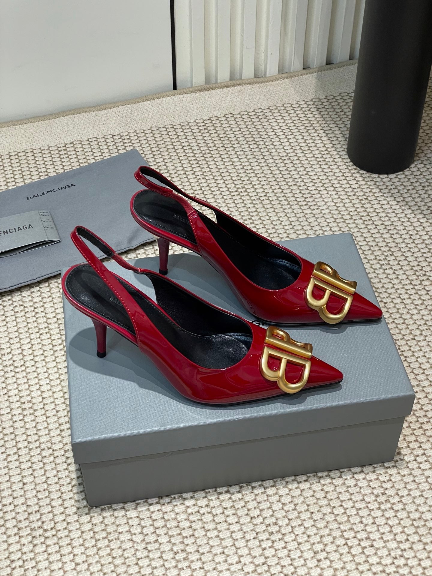 Balanciaga POINTED BB GOLD BUCKLE HIGH SLINGBACK 80MM IN RED PATENT CALFSKIN