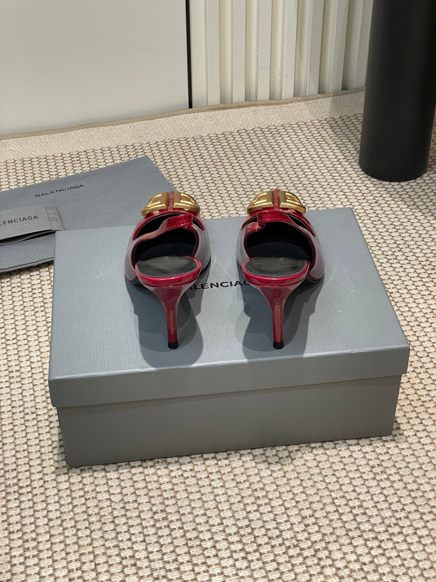 Balanciaga POINTED BB GOLD BUCKLE HIGH SLINGBACK 80MM IN RED PATENT CALFSKIN