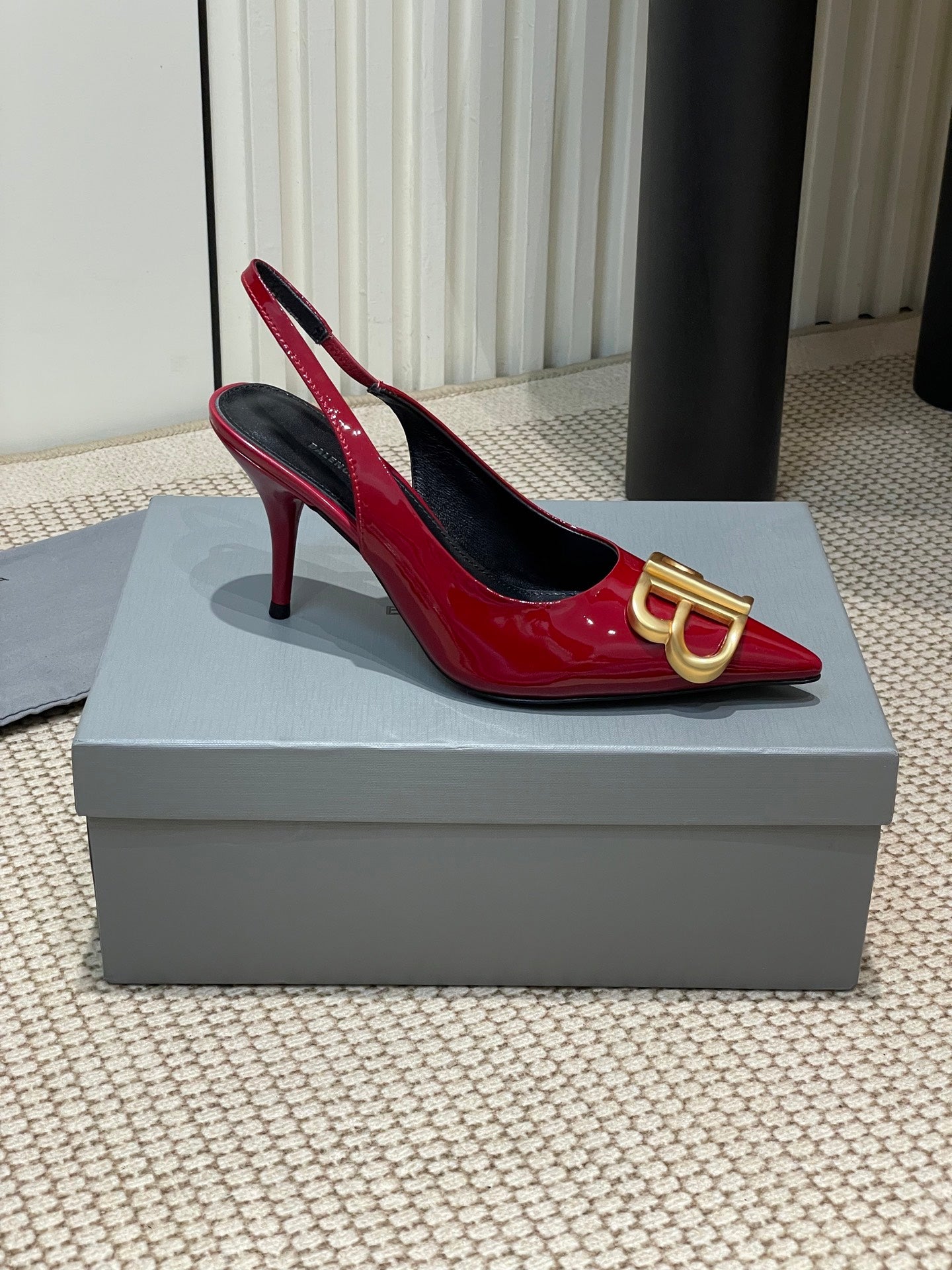 Balanciaga POINTED BB GOLD BUCKLE HIGH SLINGBACK 80MM IN RED PATENT CALFSKIN