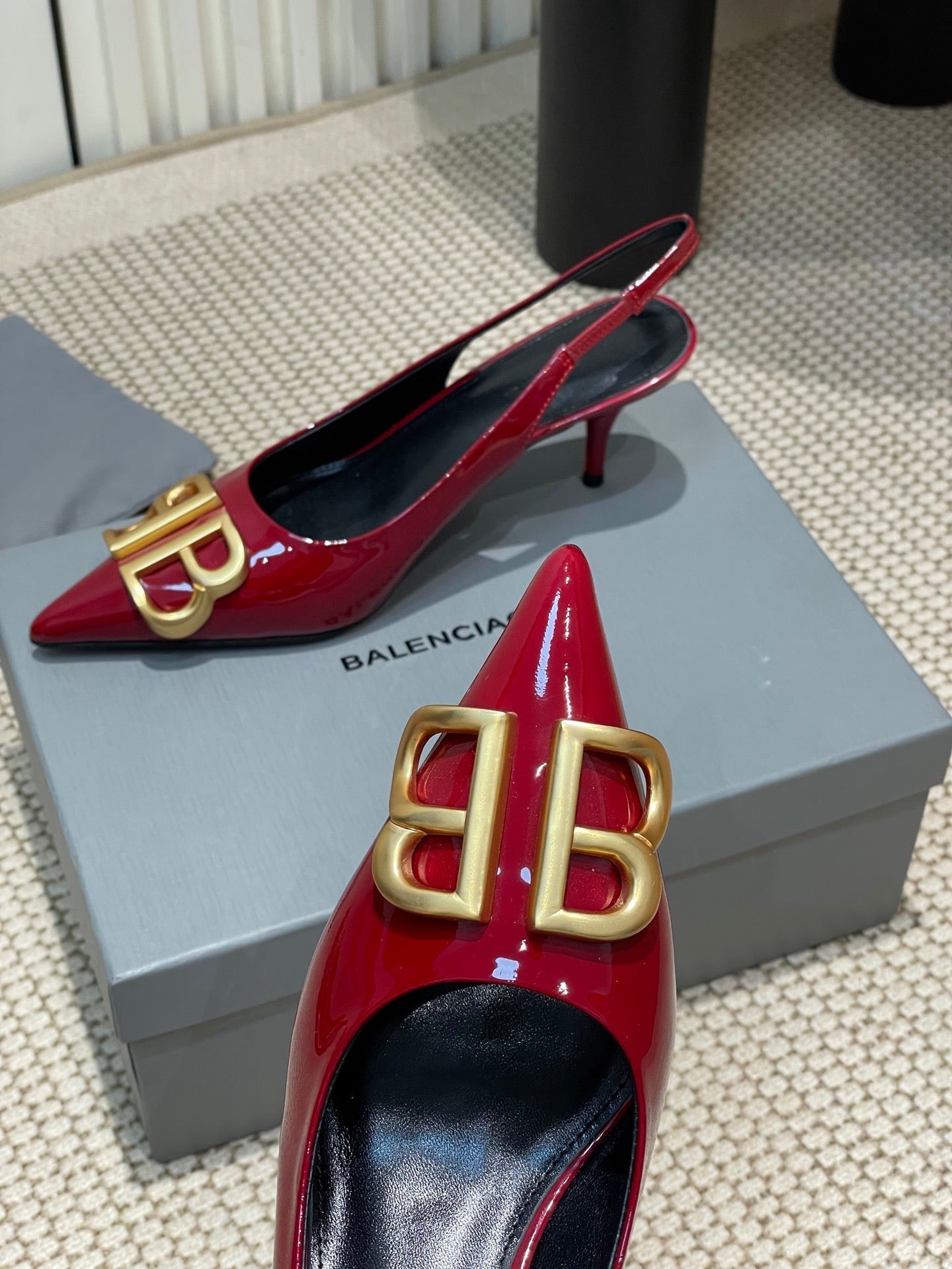Balanciaga POINTED BB GOLD BUCKLE HIGH SLINGBACK 60MM IN RED PATENT CALFSKIN
