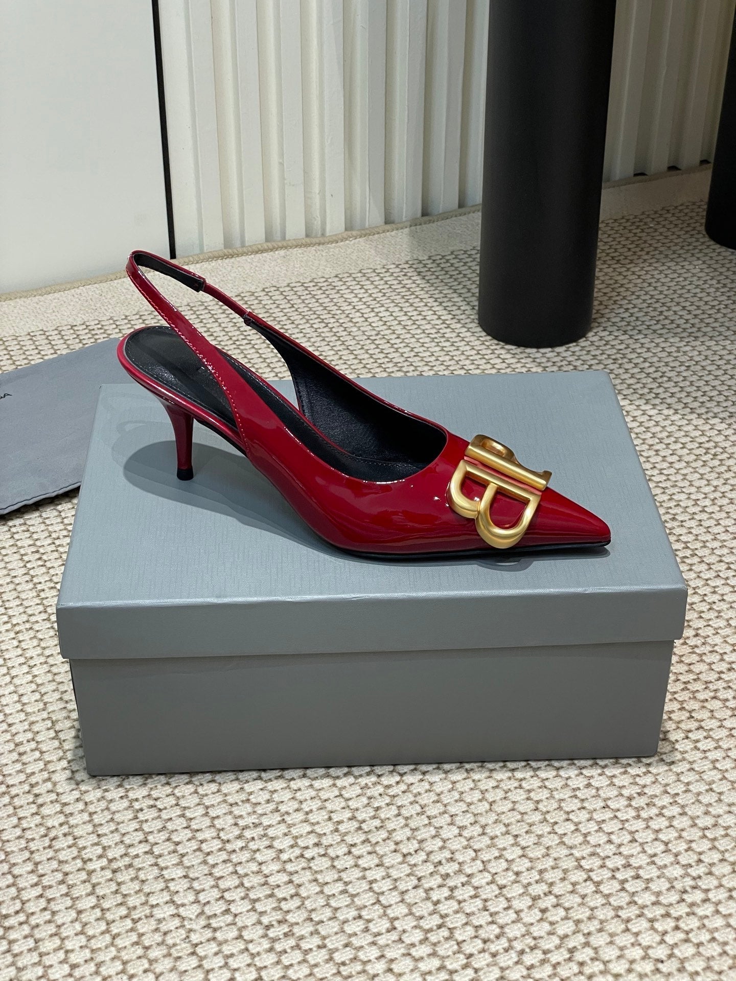 Balanciaga POINTED BB GOLD BUCKLE HIGH SLINGBACK 60MM IN RED PATENT CALFSKIN