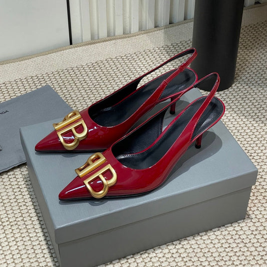Balanciaga POINTED BB GOLD BUCKLE HIGH SLINGBACK 60MM IN RED PATENT CALFSKIN