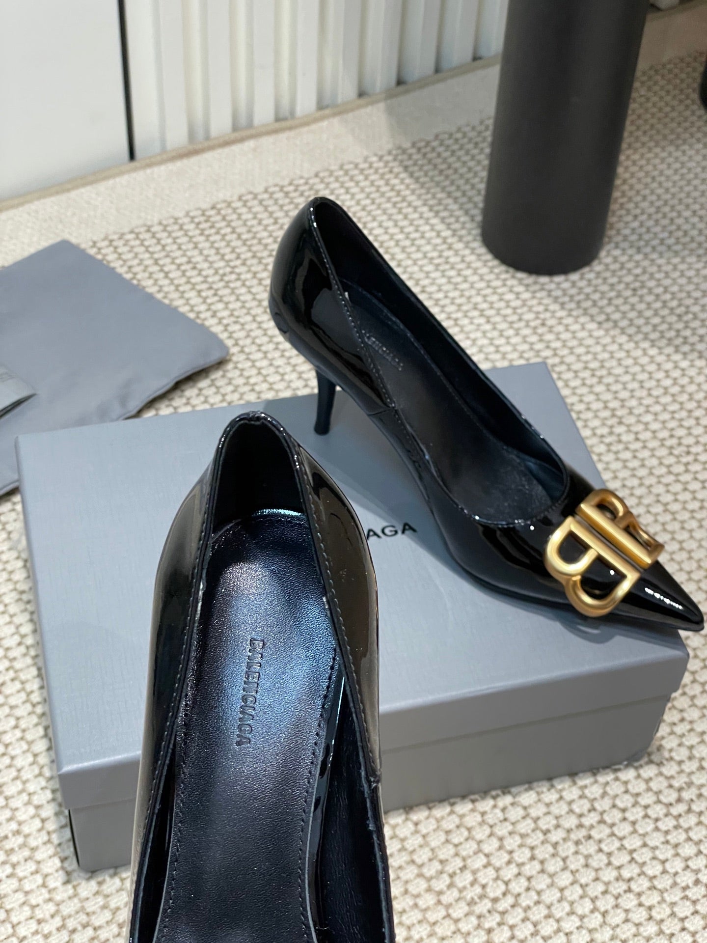 Balanciaga POINTED BB GOLD BUCKLE HIGH PUMPS 80MM IN BLACK PATENT CALFSKIN