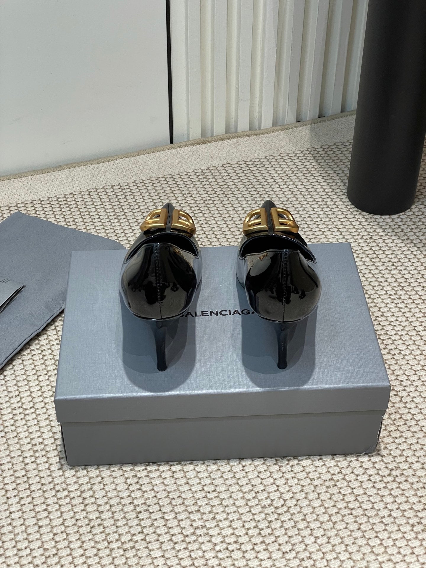 Balanciaga POINTED BB GOLD BUCKLE HIGH PUMPS 80MM IN BLACK PATENT CALFSKIN