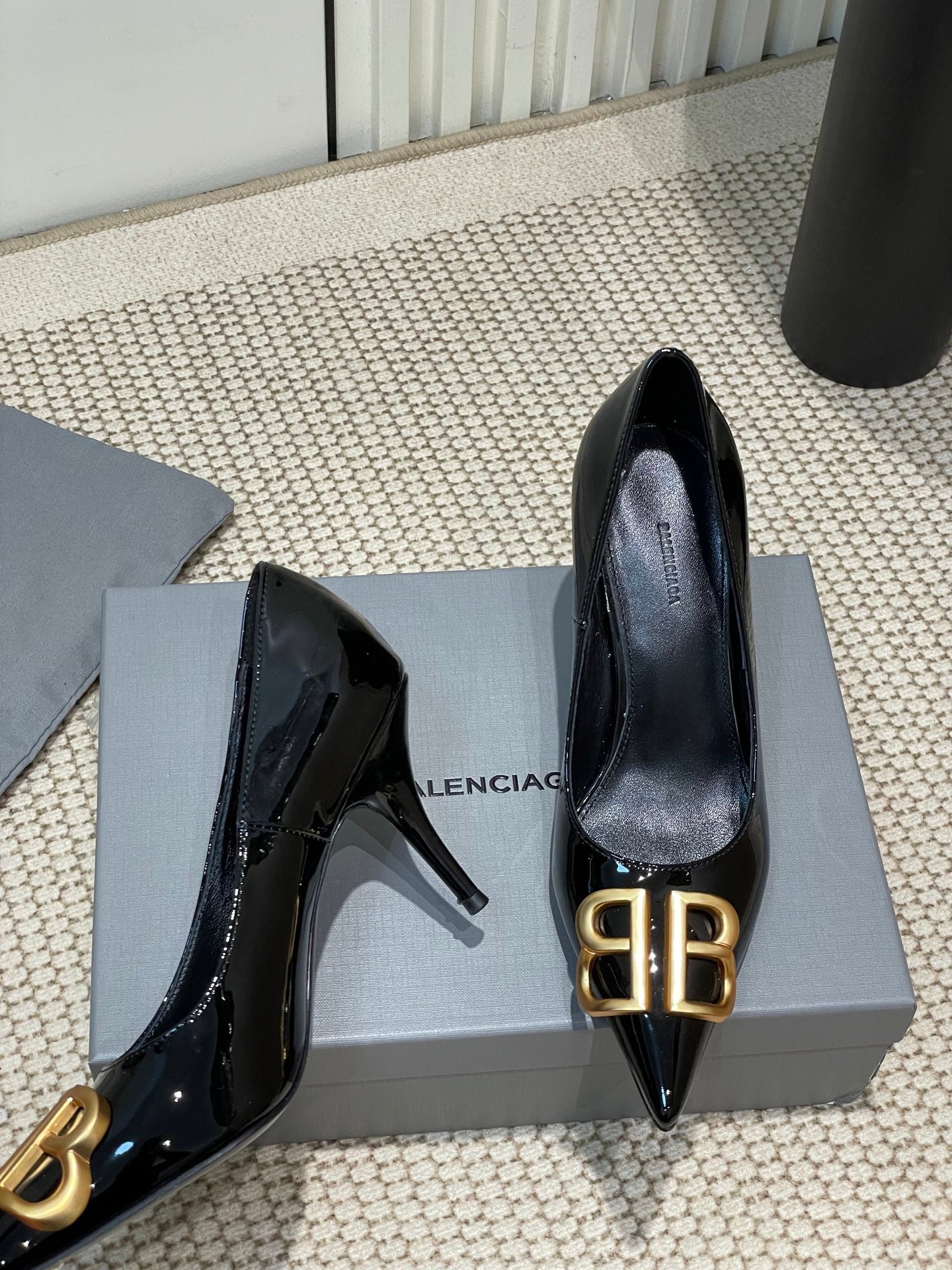 Balanciaga POINTED BB GOLD BUCKLE HIGH PUMPS 80MM IN BLACK PATENT CALFSKIN