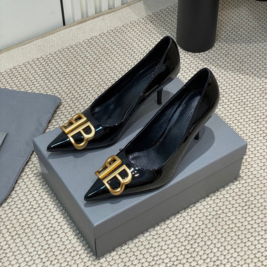 Balanciaga POINTED BB GOLD BUCKLE HIGH PUMPS 80MM IN BLACK PATENT CALFSKIN