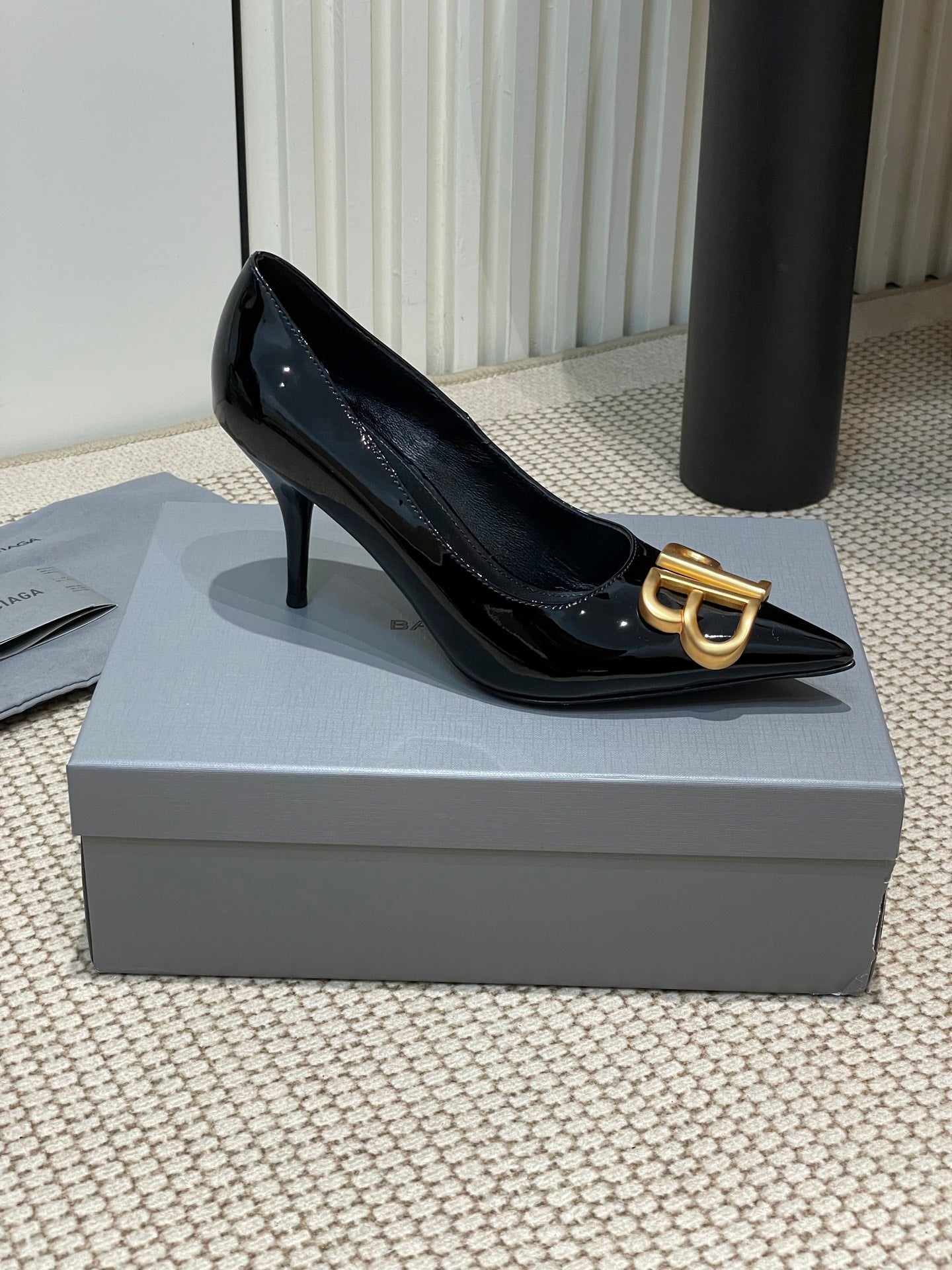 Balanciaga POINTED BB GOLD BUCKLE HIGH PUMPS 80MM IN BLACK PATENT CALFSKIN