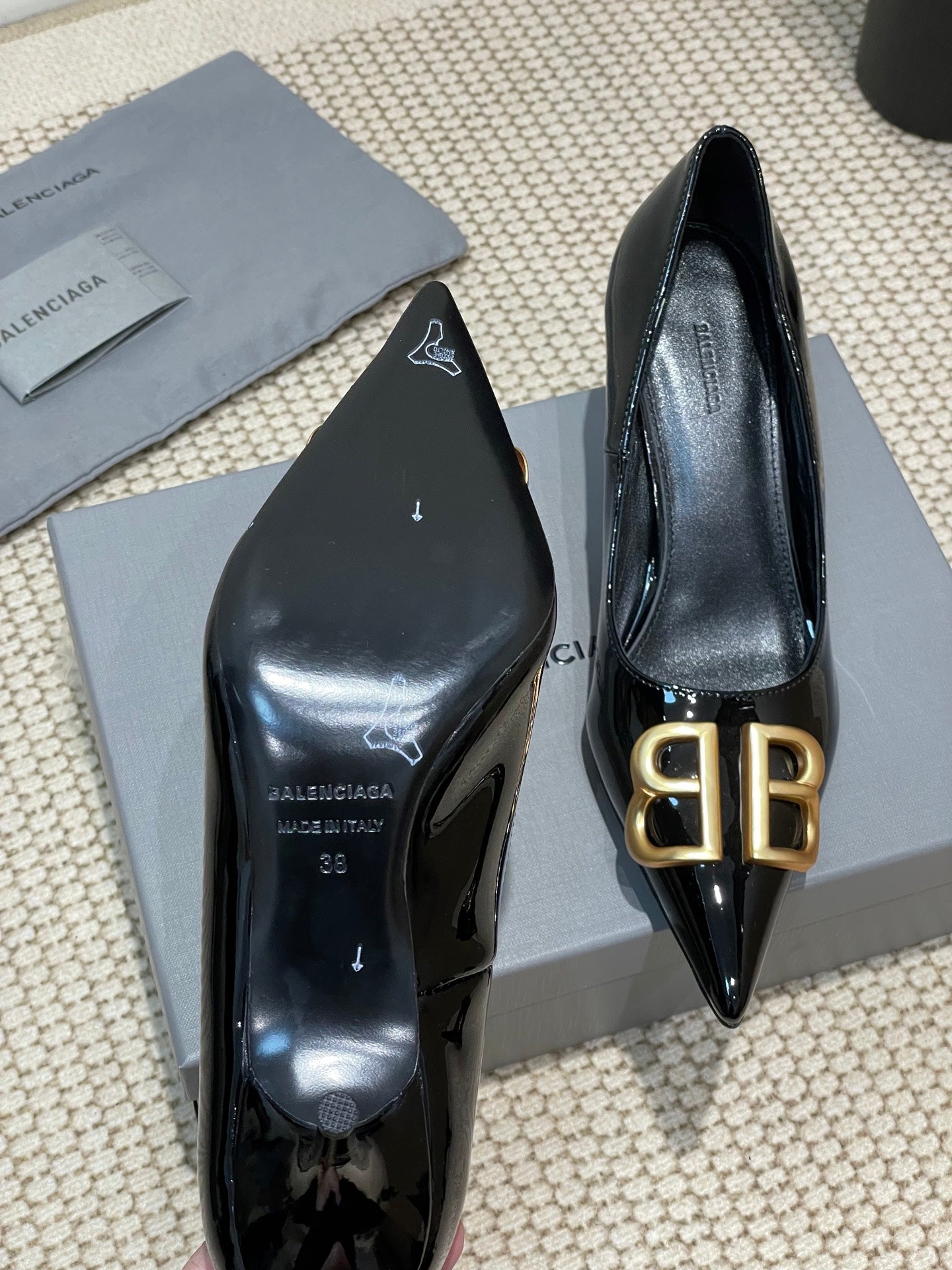 Balanciaga POINTED BB GOLD BUCKLE HIGH PUMPS 60MM IN BLACK PATENT CALFSKIN