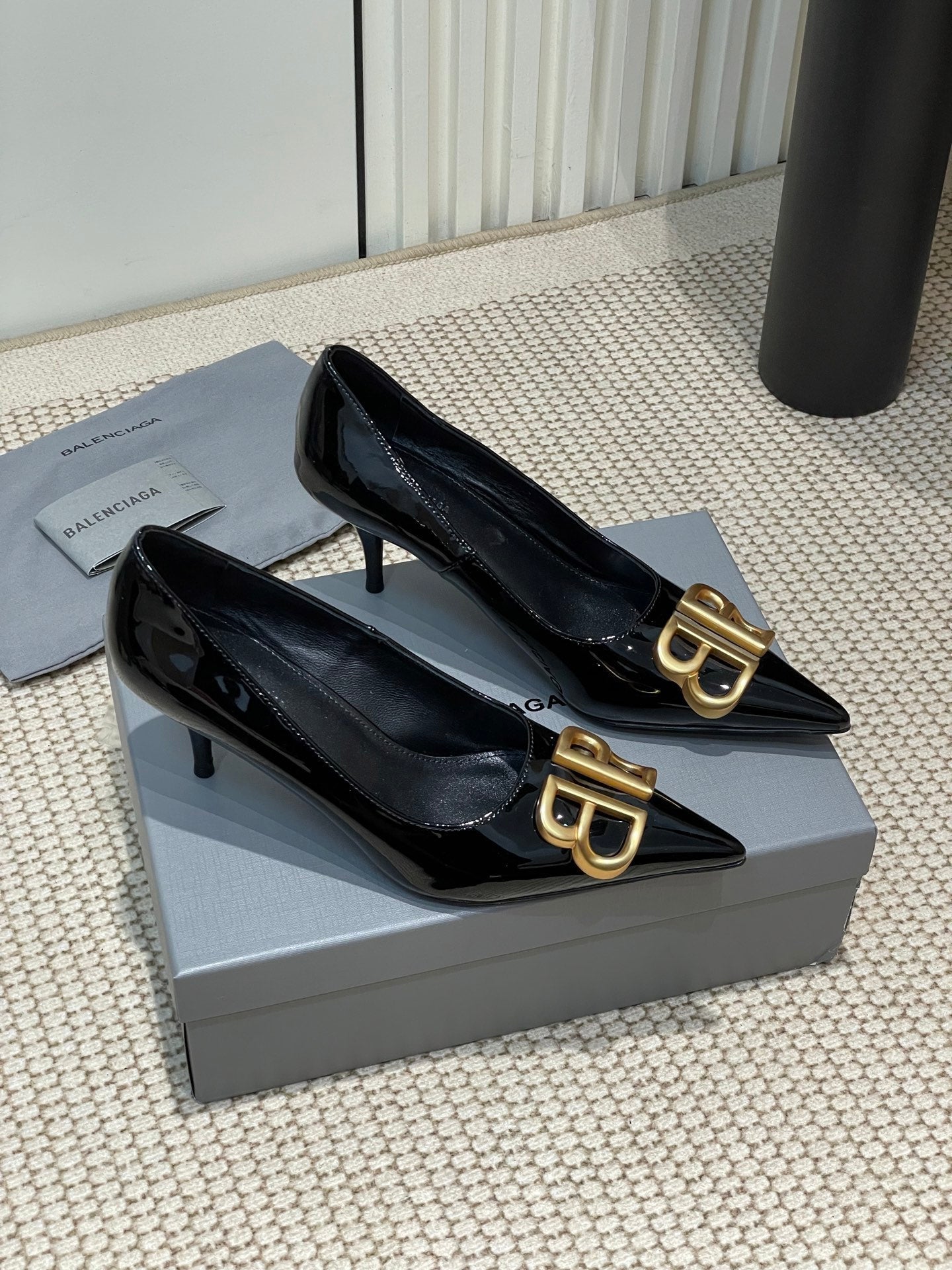 Balanciaga POINTED BB GOLD BUCKLE HIGH PUMPS 60MM IN BLACK PATENT CALFSKIN