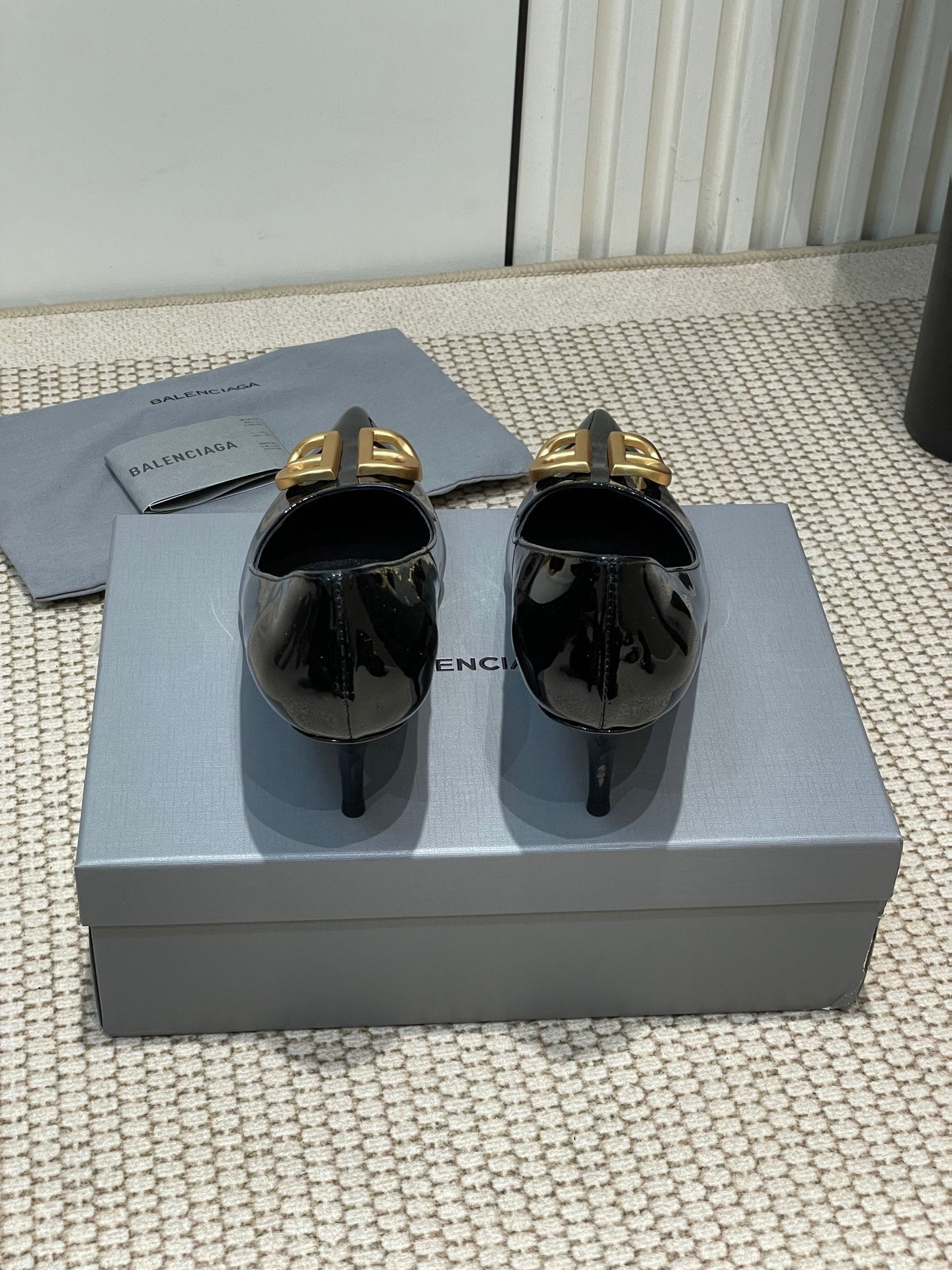 Balanciaga POINTED BB GOLD BUCKLE HIGH PUMPS 60MM IN BLACK PATENT CALFSKIN