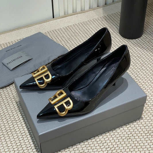 Balanciaga POINTED BB GOLD BUCKLE HIGH PUMPS 60MM IN BLACK PATENT CALFSKIN