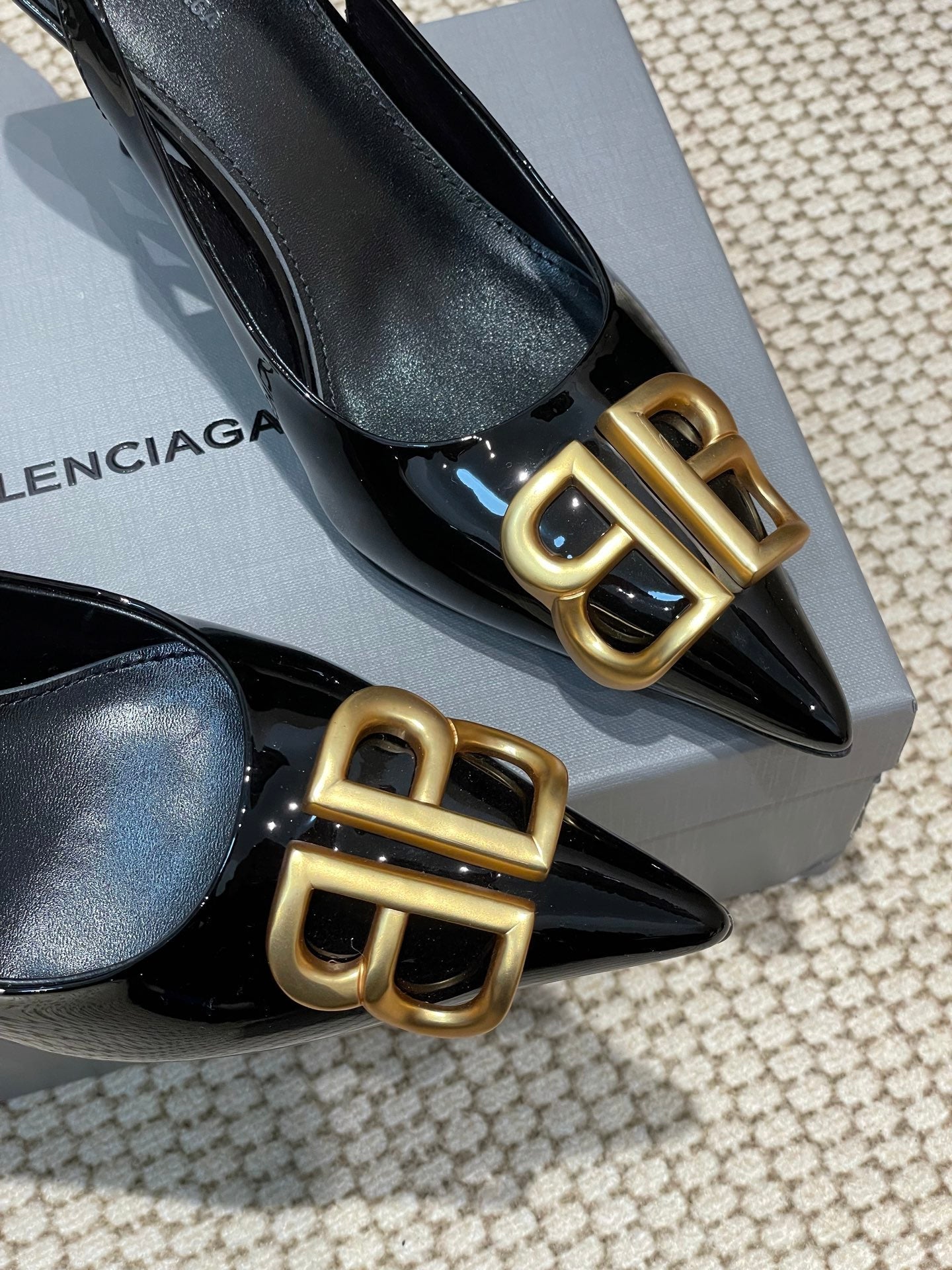 Balanciaga POINTED BB GOLD BUCKLE HIGH SLINGBACK 80MM IN BLACK PATENT CALFSKIN