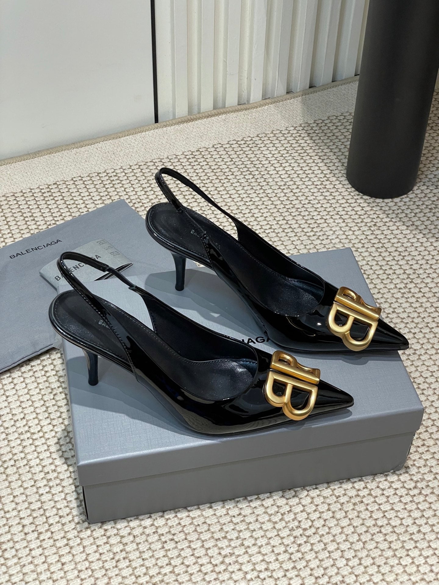 Balanciaga POINTED BB GOLD BUCKLE HIGH SLINGBACK 80MM IN BLACK PATENT CALFSKIN