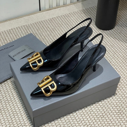 Balanciaga POINTED BB GOLD BUCKLE HIGH SLINGBACK 80MM IN BLACK PATENT CALFSKIN