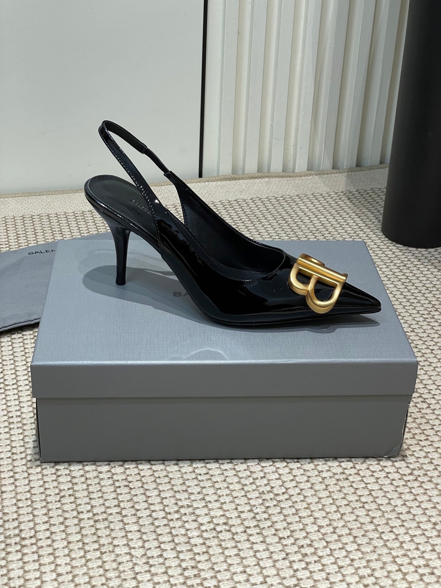 Balanciaga POINTED BB GOLD BUCKLE HIGH SLINGBACK 80MM IN BLACK PATENT CALFSKIN