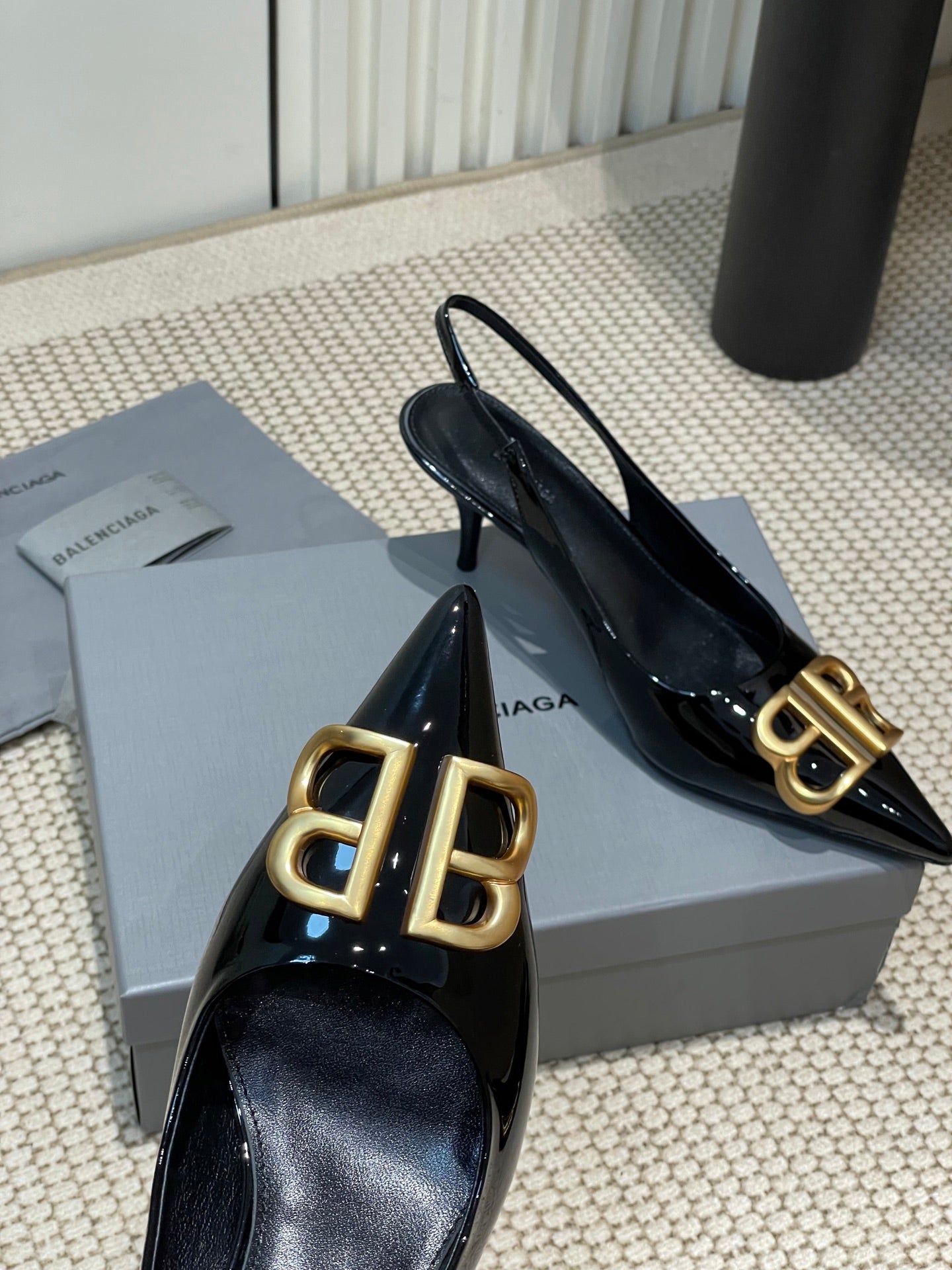 Balanciaga POINTED BB GOLD BUCKLE HIGH SLINGBACK 60MM IN BLACK PATENT CALFSKIN