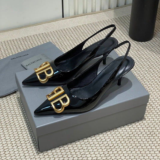 Balanciaga POINTED BB GOLD BUCKLE HIGH SLINGBACK 60MM IN BLACK PATENT CALFSKIN