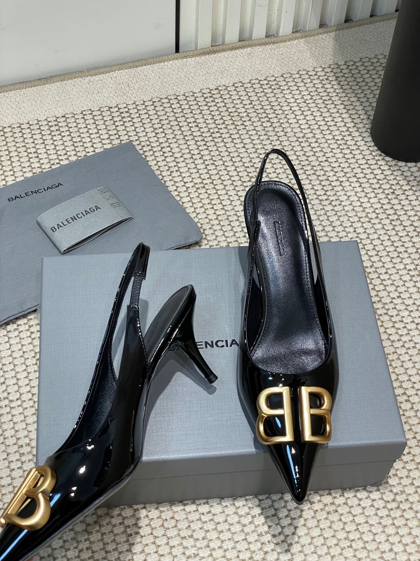 Balanciaga POINTED BB GOLD BUCKLE HIGH SLINGBACK 60MM IN BLACK PATENT CALFSKIN