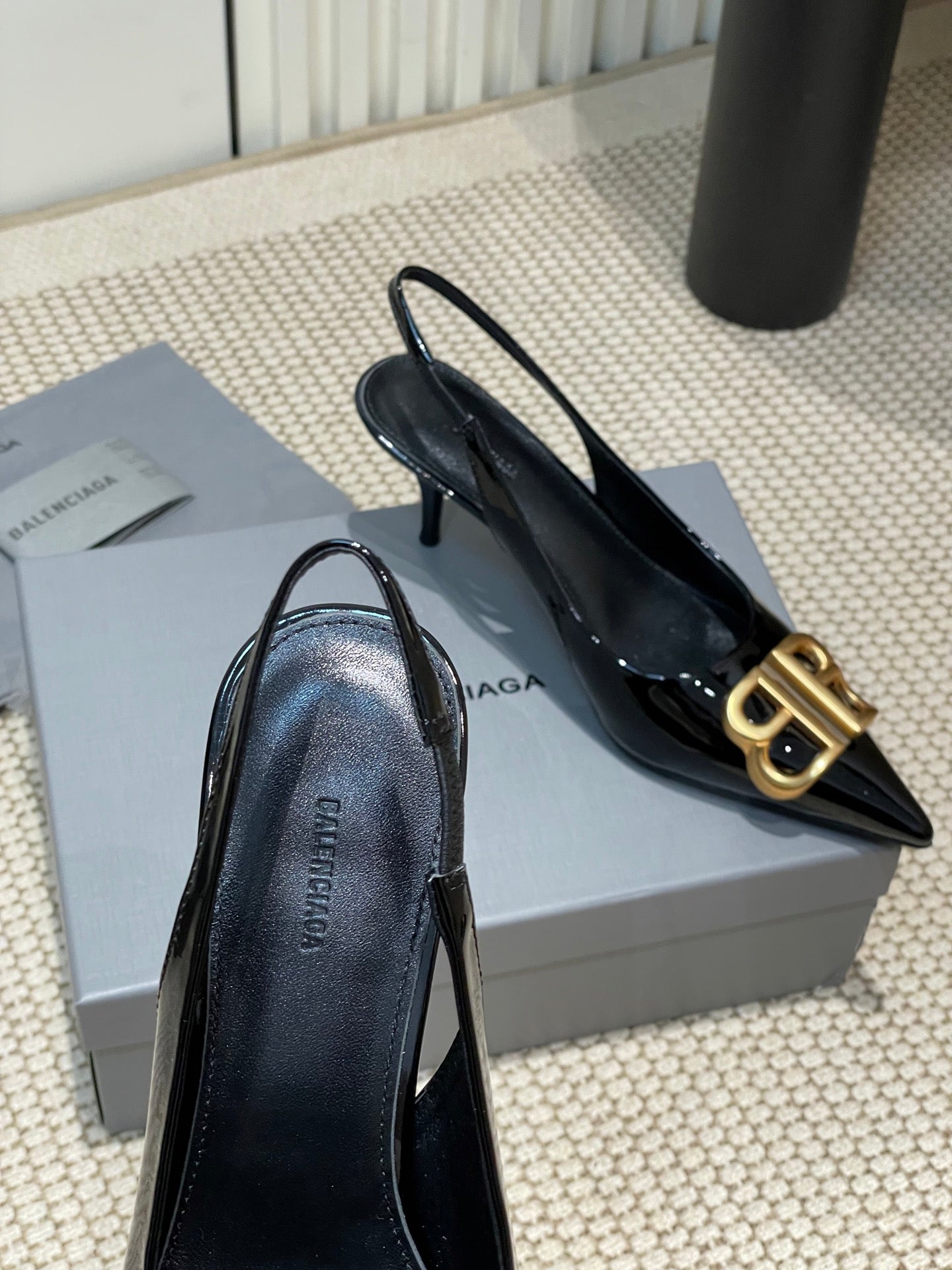 Balanciaga POINTED BB GOLD BUCKLE HIGH SLINGBACK 60MM IN BLACK PATENT CALFSKIN