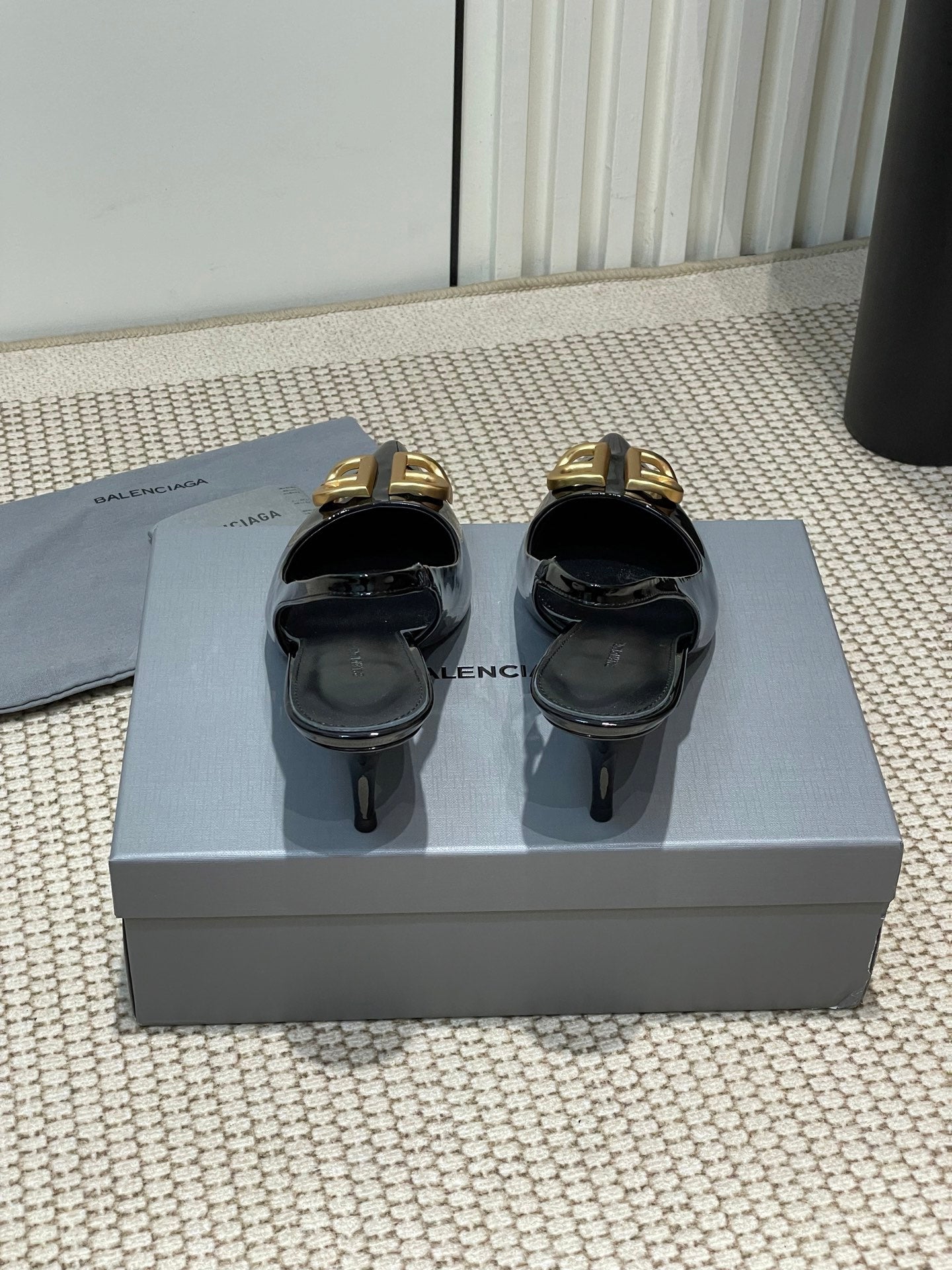Balanciaga POINTED BB GOLD BUCKLE HIGH SLINGBACK 60MM IN BLACK PATENT CALFSKIN