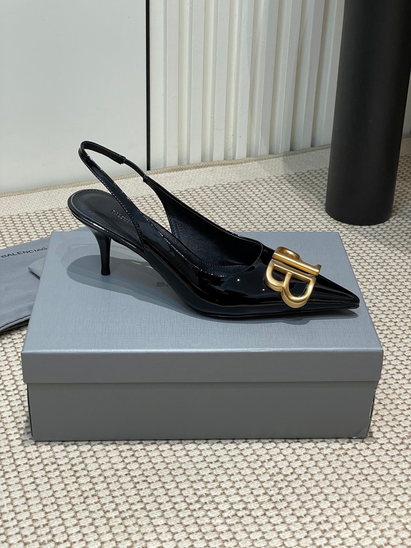 Balanciaga POINTED BB GOLD BUCKLE HIGH SLINGBACK 60MM IN BLACK PATENT CALFSKIN