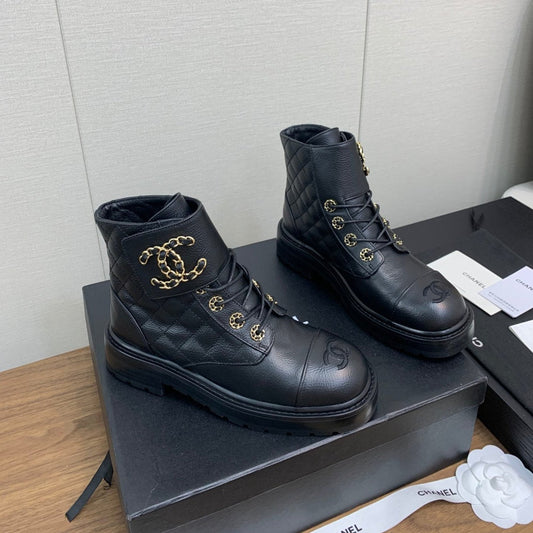 CHANEL Ankle Boots Black Quilted Cowhide