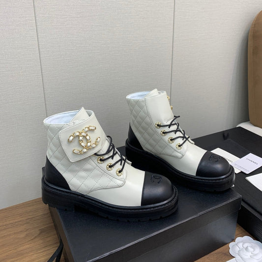 CHANEL Ankle Boots White Mix Black Cowhide