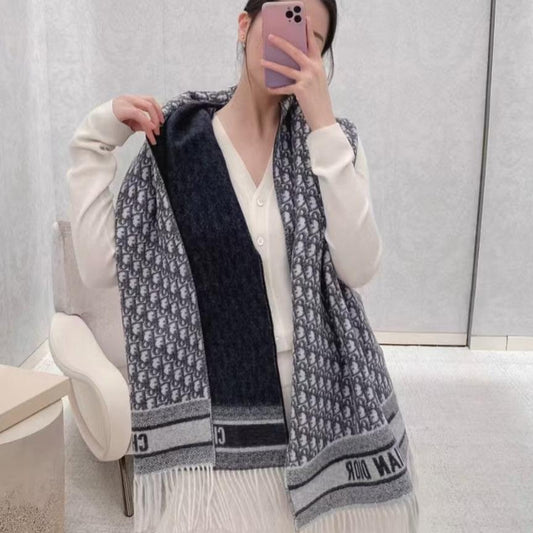 DIOR OBLIQUE 190 CM SCARF IN BLACK MIX WHITE TECHNICAL CASHMERE 415486