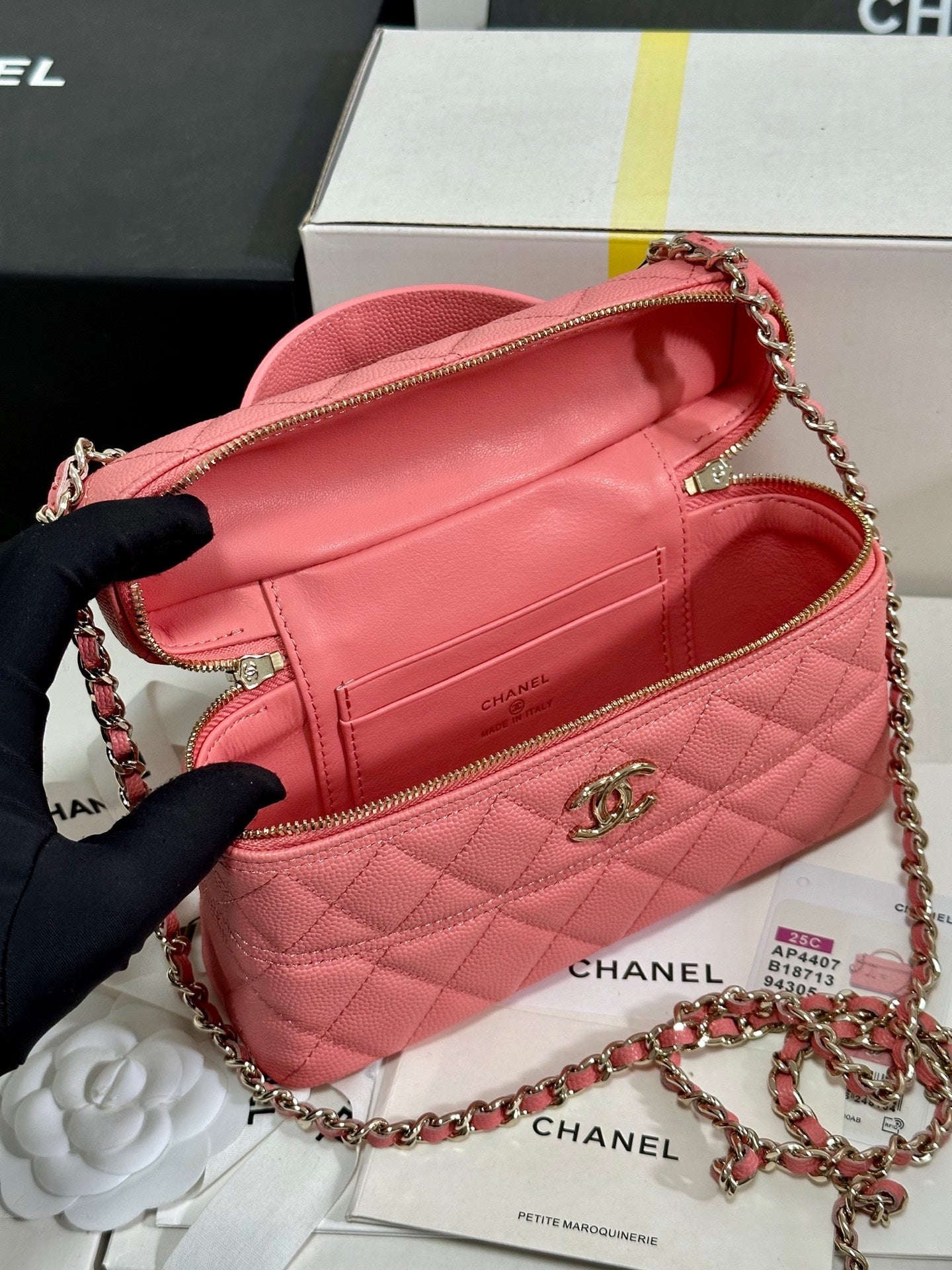 CHANEL 25C Vanity Case 19.5cm Salmon Pink Calfskin Silver Hardware 243635