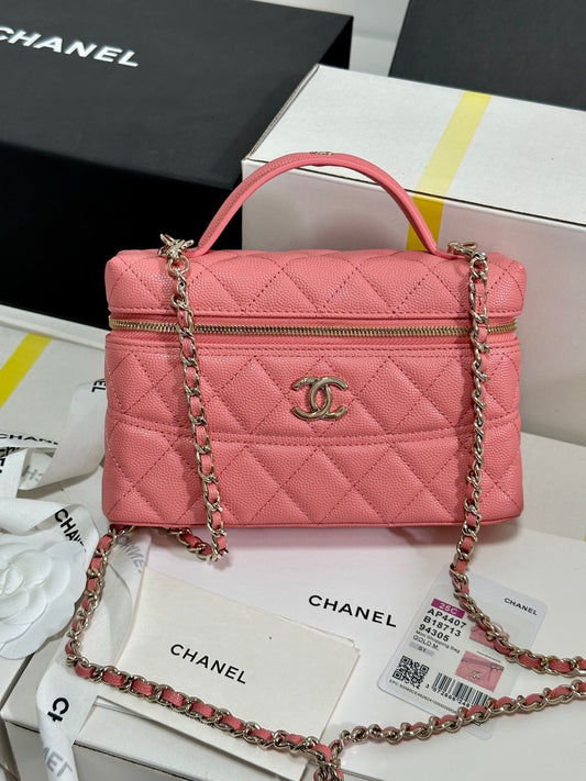 CHANEL 25C Vanity Case 19.5cm Salmon Pink Calfskin Silver Hardware 243635