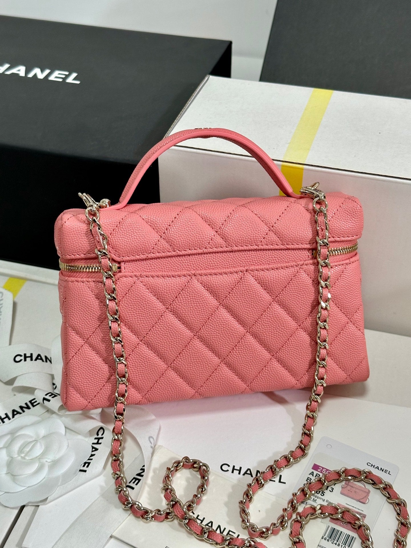 CHANEL 25C Vanity Case 19.5cm Salmon Pink Calfskin Silver Hardware 243635