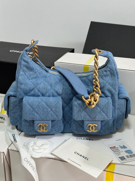 CHANEL 25C Hobo 31cm Baby Blue Demin Gold Hardware 243565