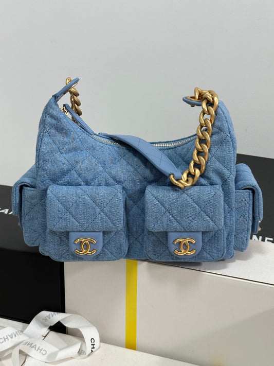CHANEL 25C Hobo 35cm Baby Blue Demin Gold Hardware 243567