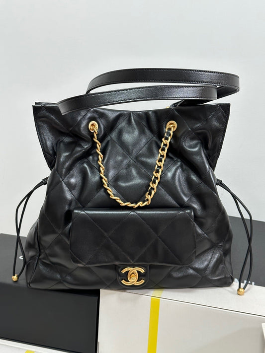 CHANEL 25C Drawstring Backpack Black Lambskin Gold Hardware 243655