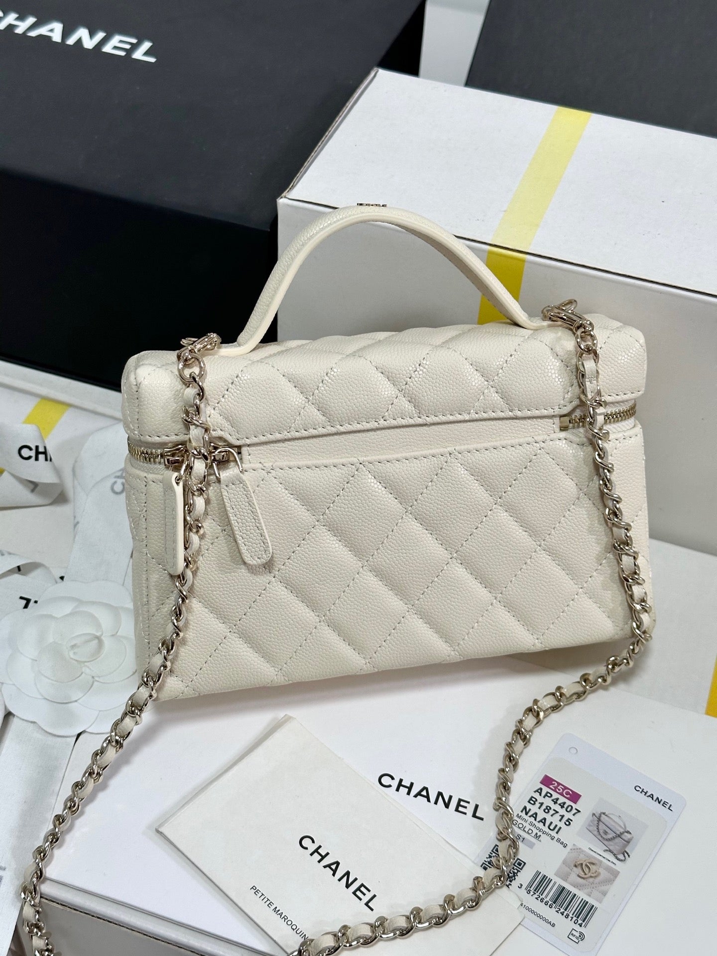 CHANEL 25C Vanity Case Ivory White Calf Leather Silver Hardware 243660