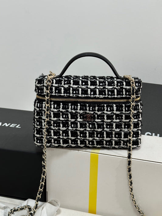 CHANEL 25C Vanity Case Black White Tweed Light Gold Hardware 243667