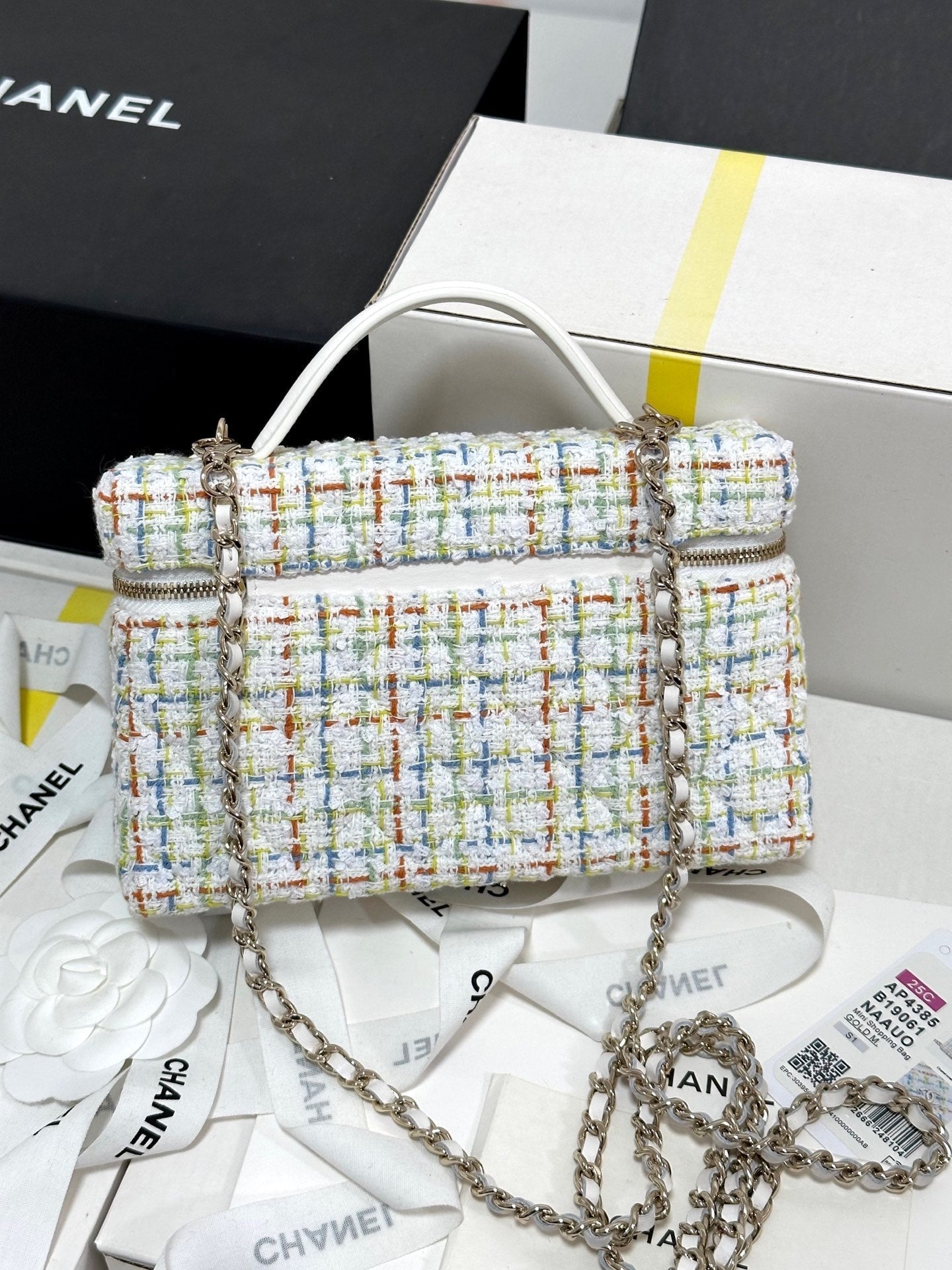 CHANEL 25C Vanity Case 19.5cm Multicolor Tweed Light Gold Hardware