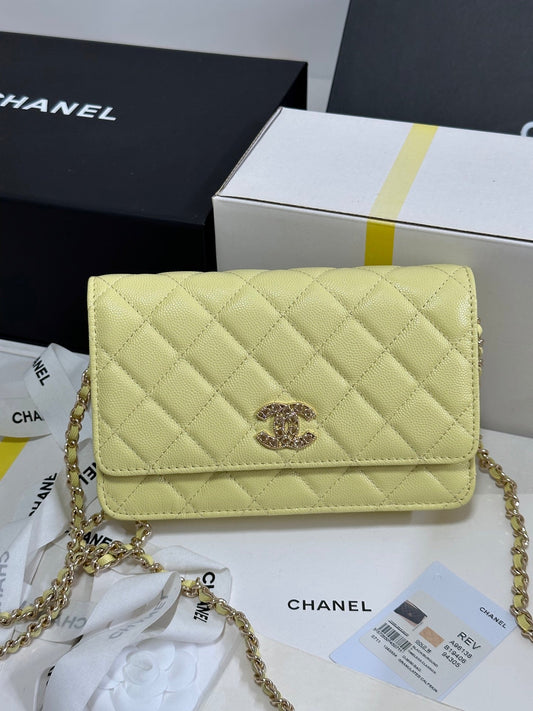 CHANEL 25P Wallet On Chain 19cm Yellow Pastel Cowhide Heart Rhinestone 243595