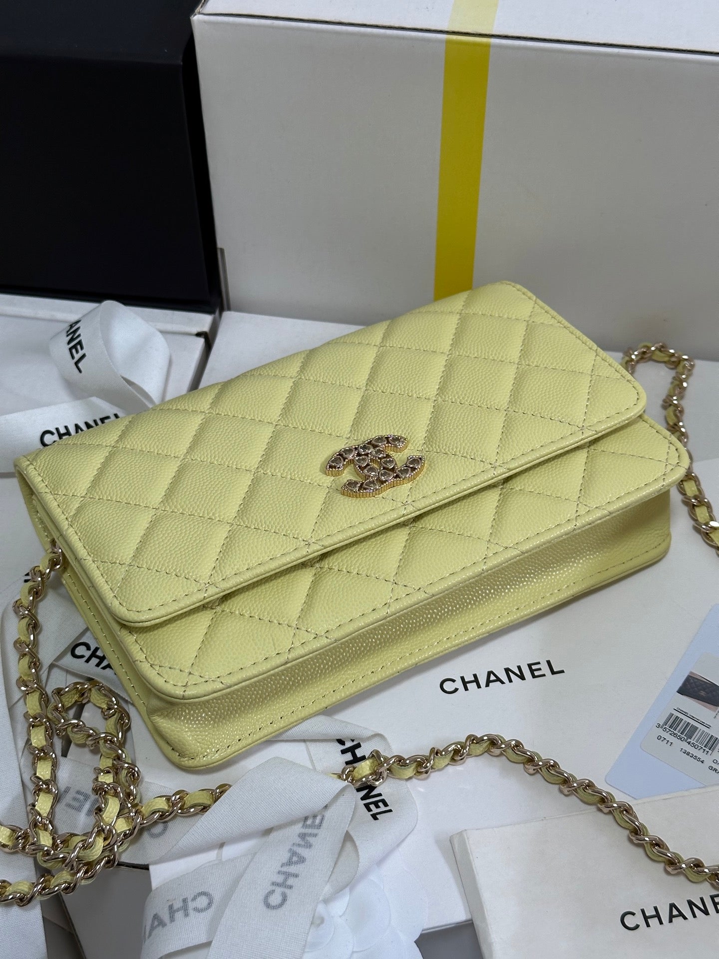 CHANEL 25P Wallet On Chain 19cm Yellow Pastel Cowhide Heart Rhinestone 243595