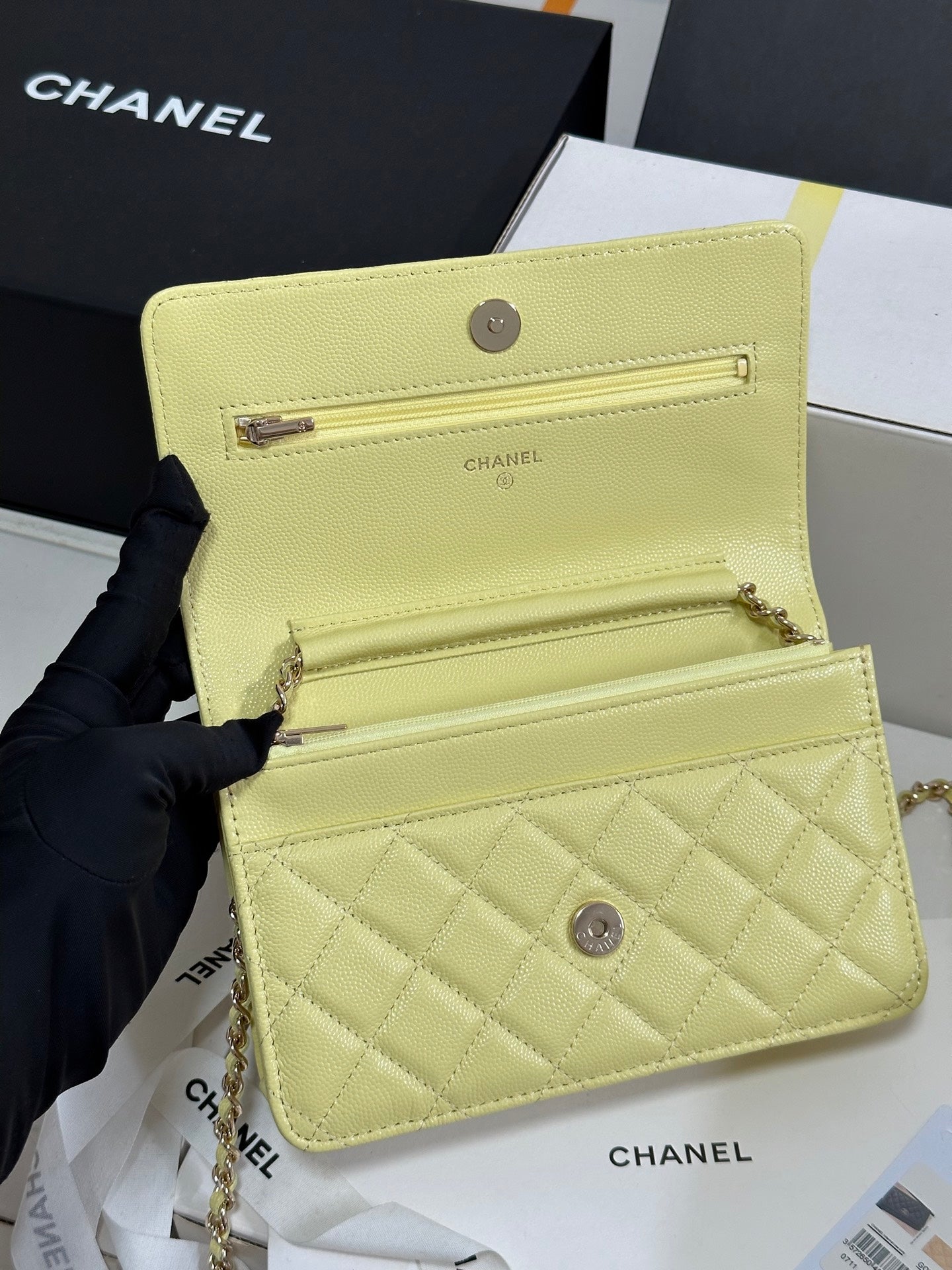 CHANEL 25P Wallet On Chain 19cm Yellow Pastel Cowhide Heart Rhinestone 243595