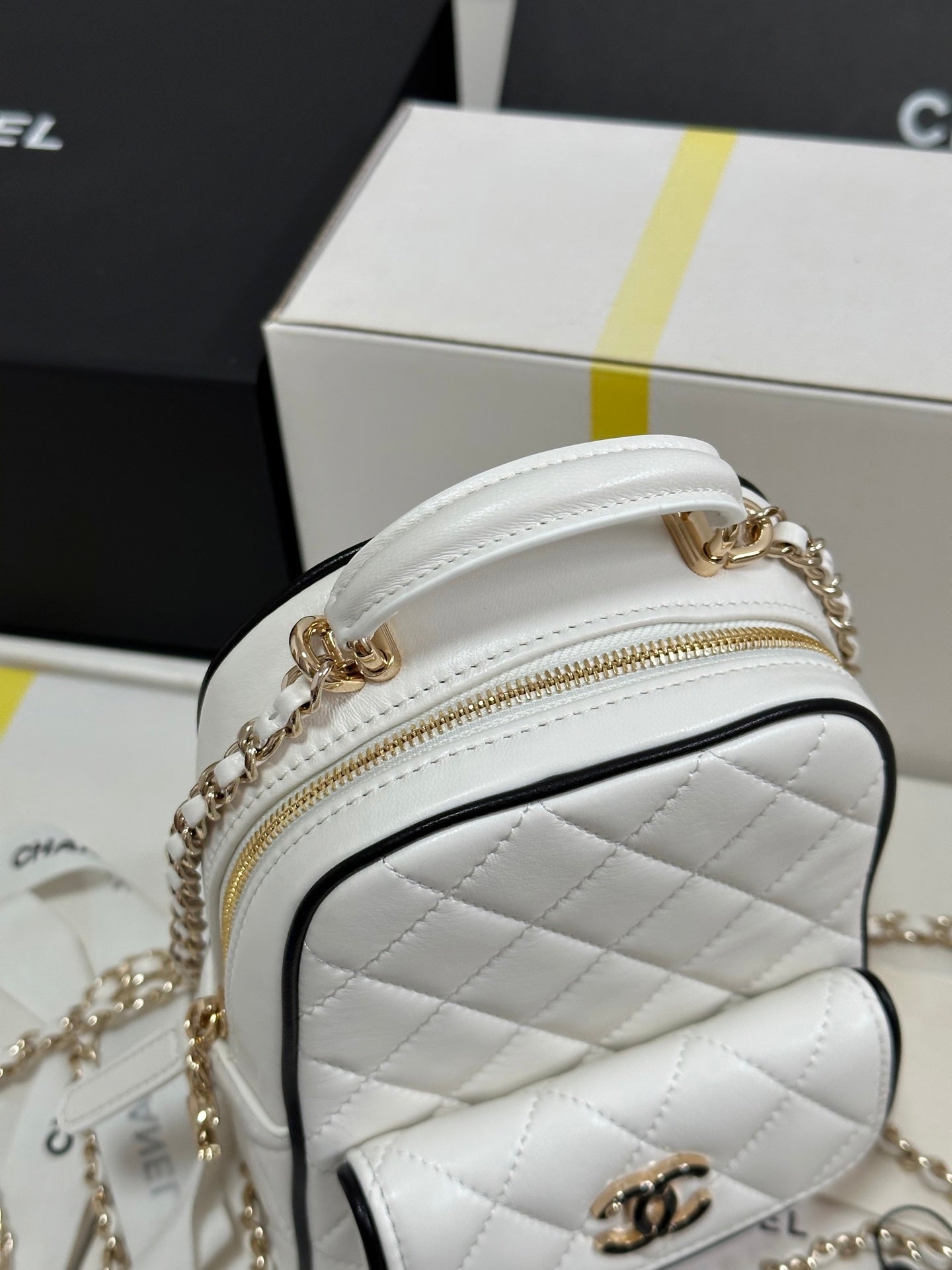 CHANEL 25P Mini Backpack 18 White Black Lambskin Gold Hardware 243521