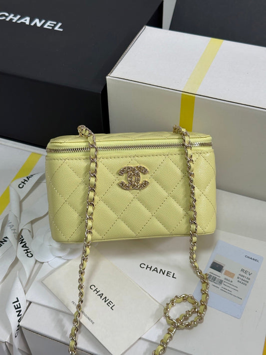 CHANEL 25C Vanity Case 17cm Yellow Caviar Leather Heart Rhinestone Light Gold Hardware 243418