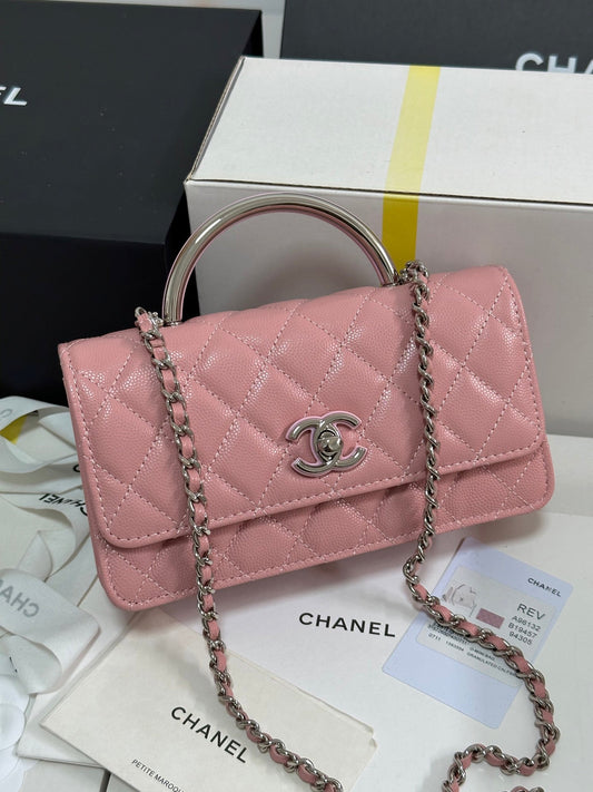 CHANEL 25P Wallet Woc Handle 17cm Pink Pastel Leather Silver Hardware 243439