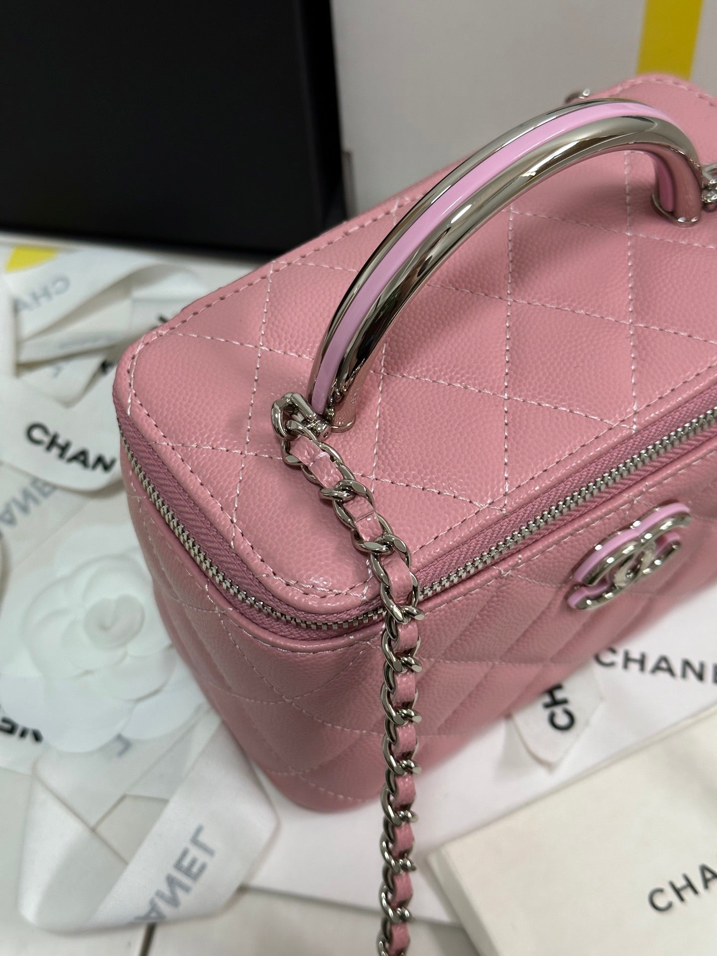 CHANEL 25P Vanity Case 17cm Pink Pastel Leather Silver Hardware 243463