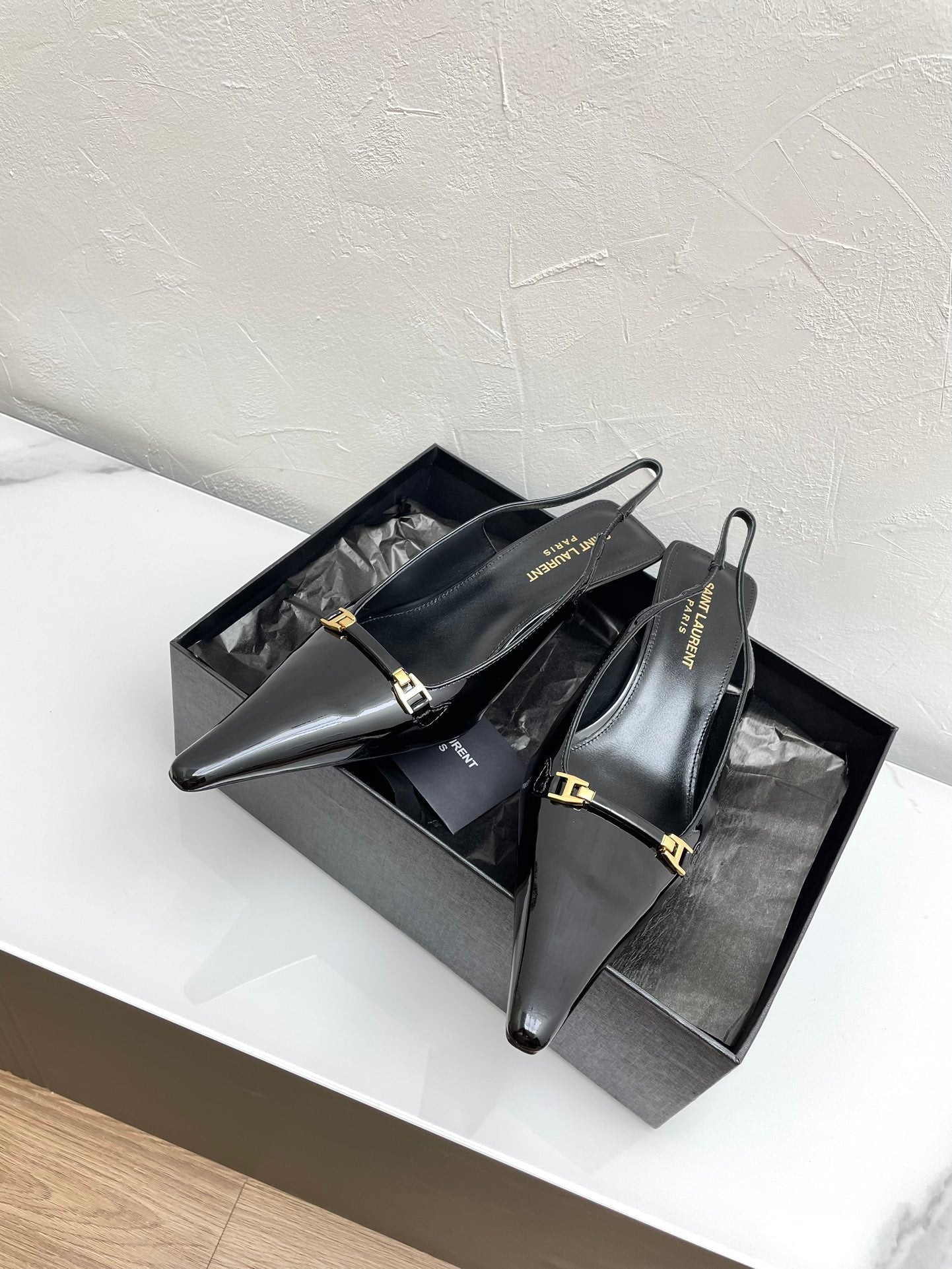 Saint Laurent CARINE SLINGBACK PUMPS 45 IN PATENT BLACK LEATHER