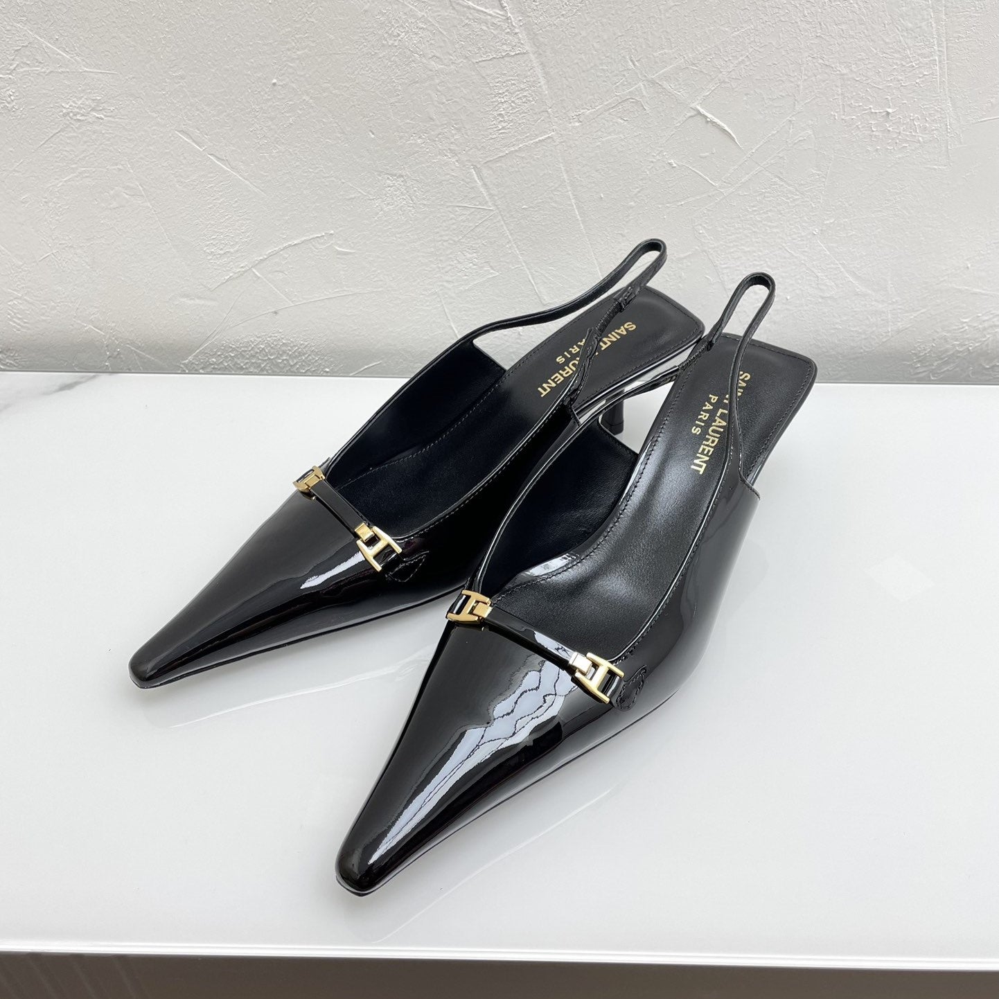Saint Laurent CARINE SLINGBACK PUMPS 45 IN PATENT BLACK LEATHER