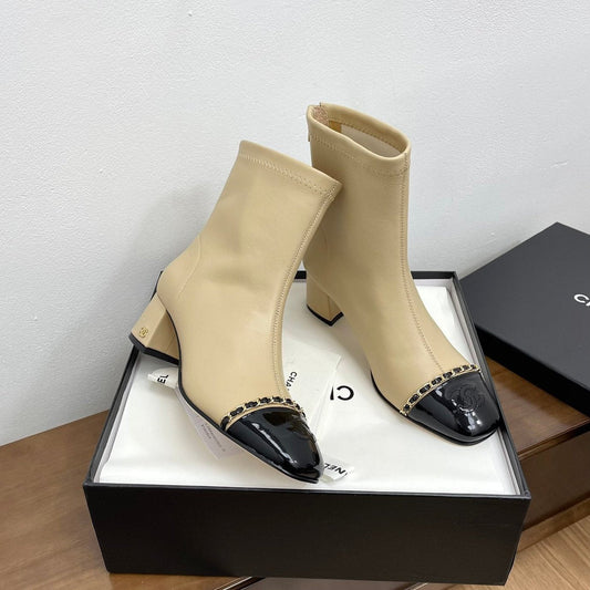 CHANEL Ankle Boots 50mm Beige Chain Lambskin