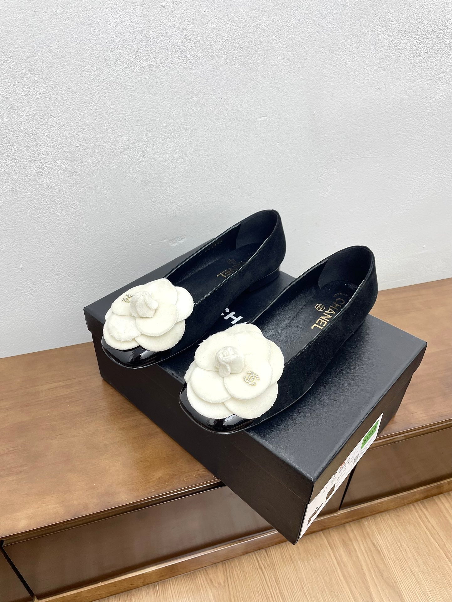 CHANEL Ballet Flats Black With Camellia White Suede