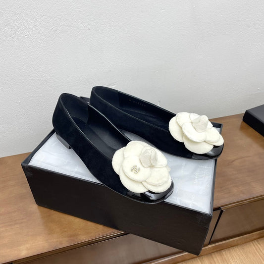 CHANEL Ballet Flats Black With Camellia White Suede