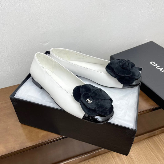 CHANEL Ballet Flats White With Camellia Black Lambskin